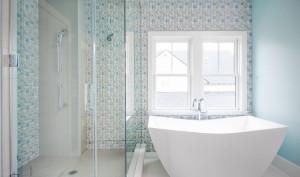 Coastal Custom Home Building Interior Bathroom, Blue textured tiles