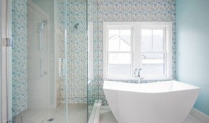 Coastal Custom Home Building Interior Bathroom, Blue textured tiles